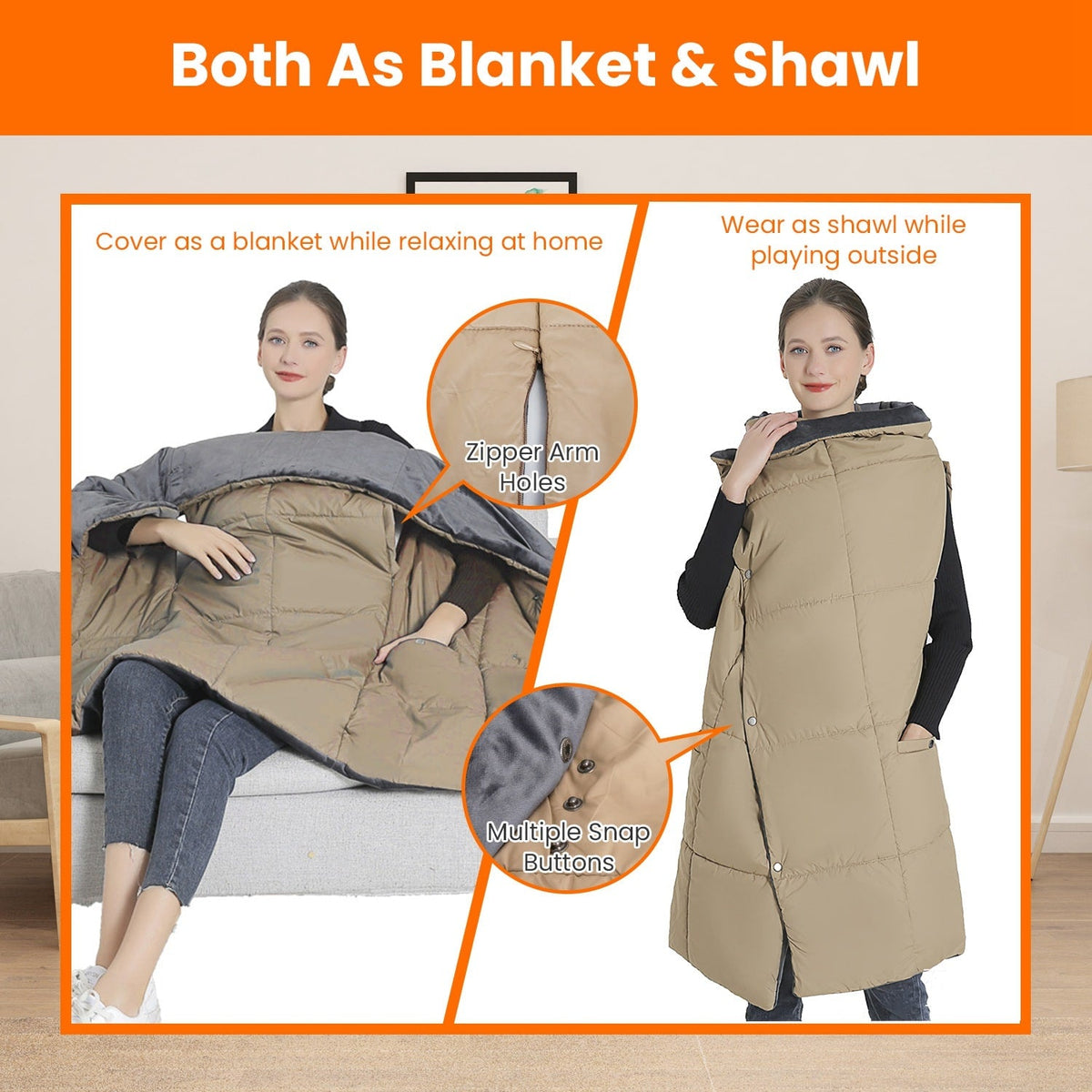 USB Heated Blanket, Dual Controls, 6 Heating Zones, Zipper Armholes, Wearable Fit