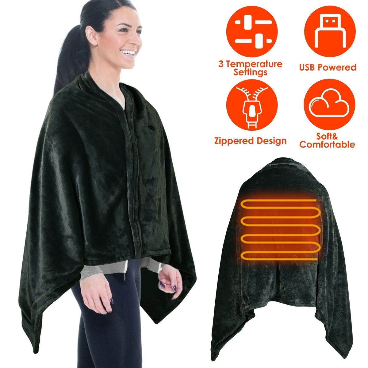 USB-driven uppvärmd fleece-omlott med dragkedja 59x31 tum