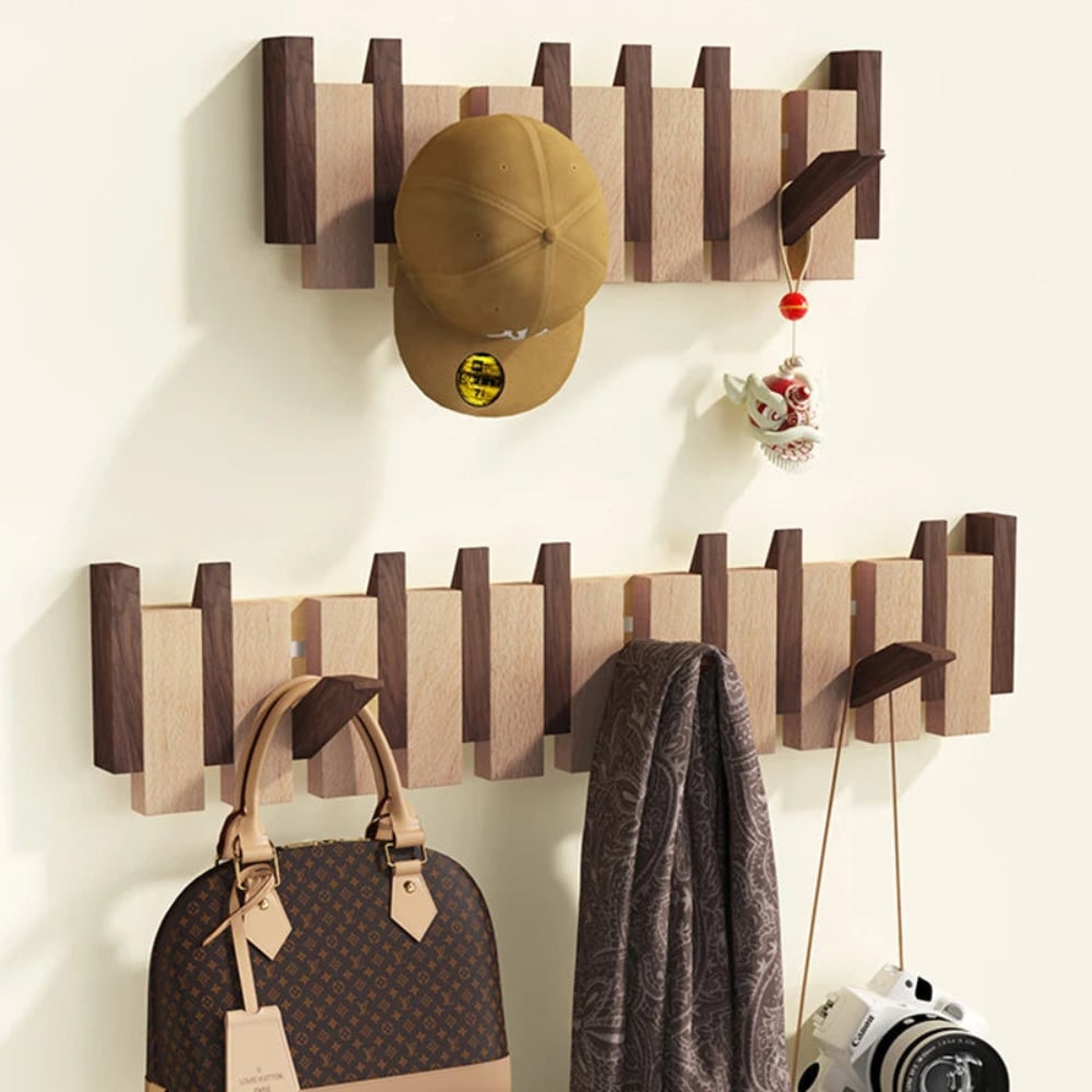 Natural Wood Wall Mounted Coat Rack Piano Key Folding Hooks