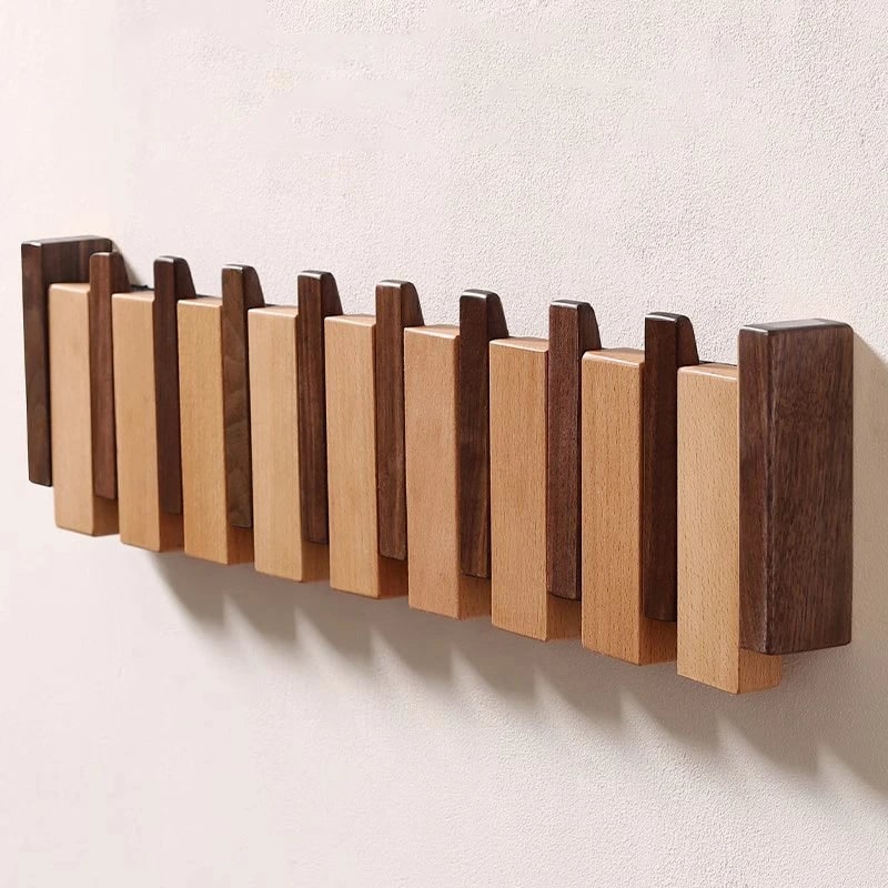 Natural Wood Wall Mounted Coat Rack Piano Key Folding Hooks