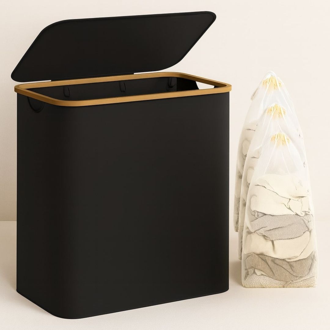 Stylish Laundry Organizer with Lid - 3-Compartment Collection Basket in Neutral Tones | ribuella
