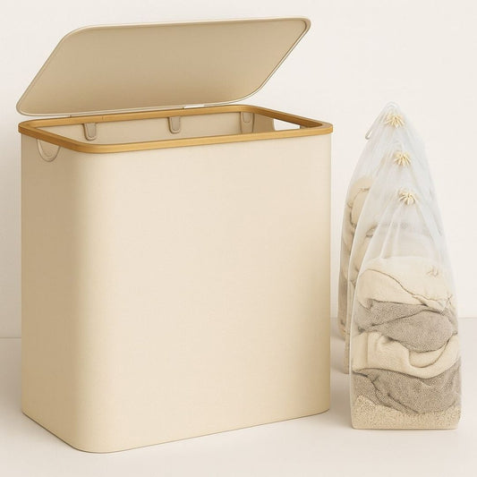 Stylish Laundry Organizer with Lid - 3-Compartment Collection Basket in Neutral Tones | ribuella