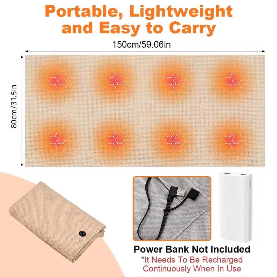 Wearable Heated Throw Blanket, 8 Heating Zones, USB Power, Zipper Closure