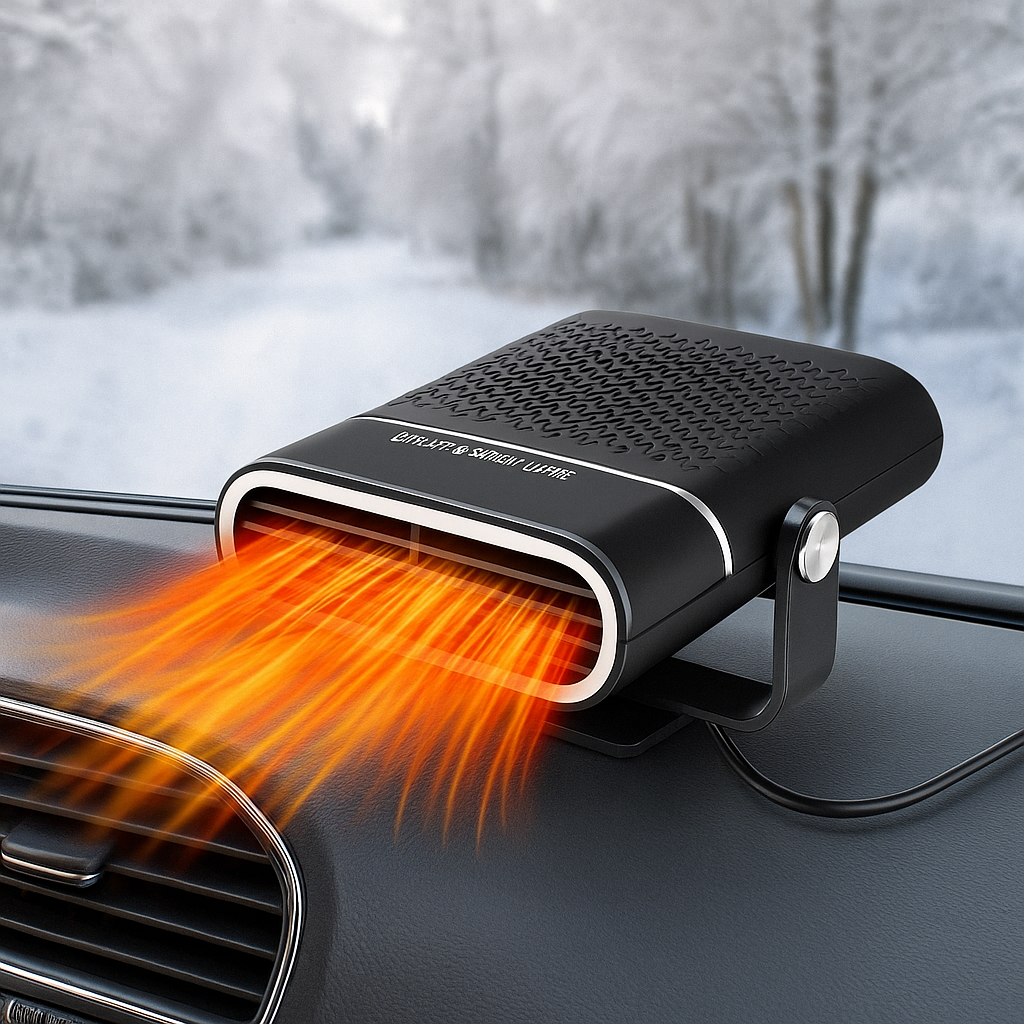 12 V-os, USB-s, hordozható autófűtő és szélvédő-jégmentesítő, fekete