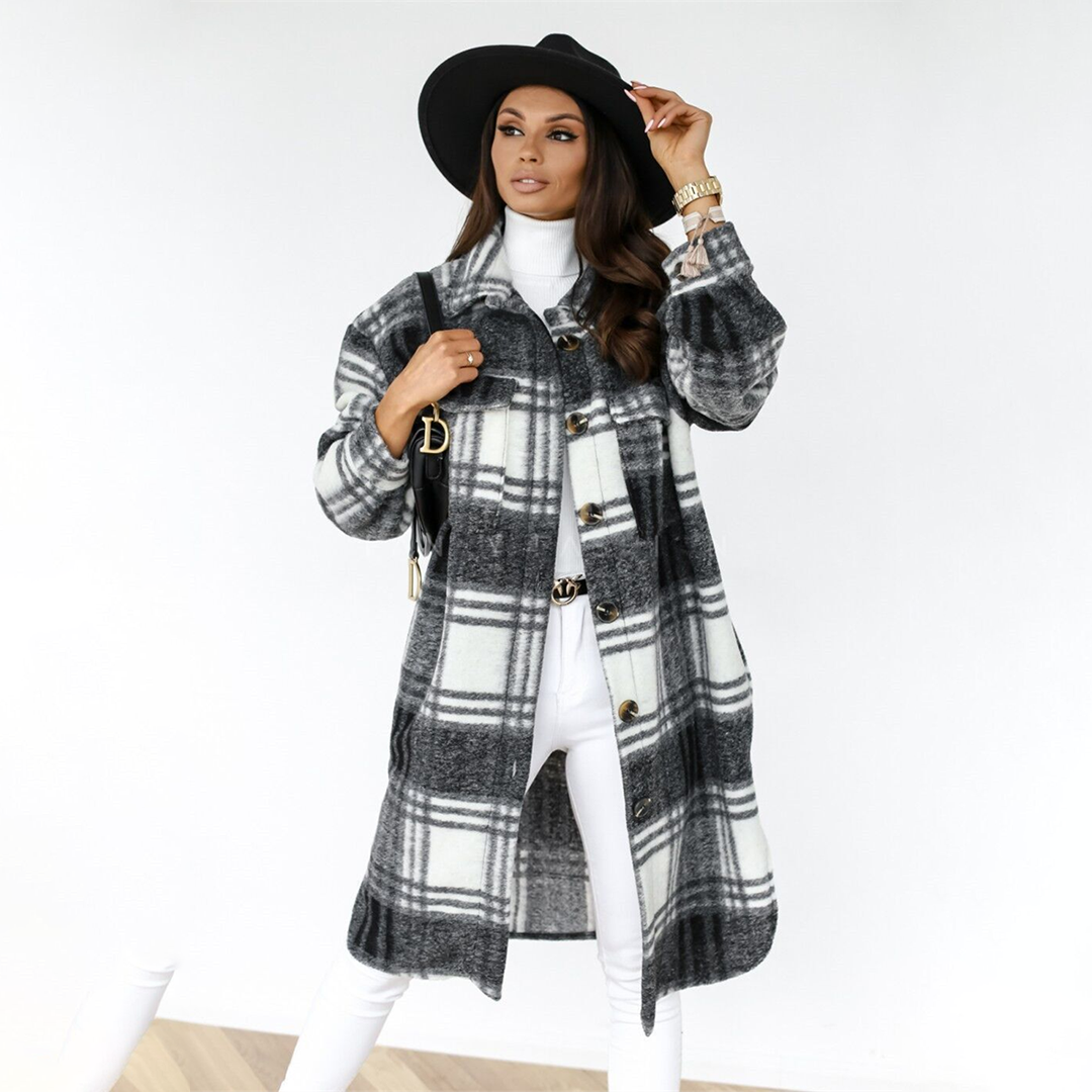 Women's Cozy Plaid Longline Coat, Extended Hem Coverage