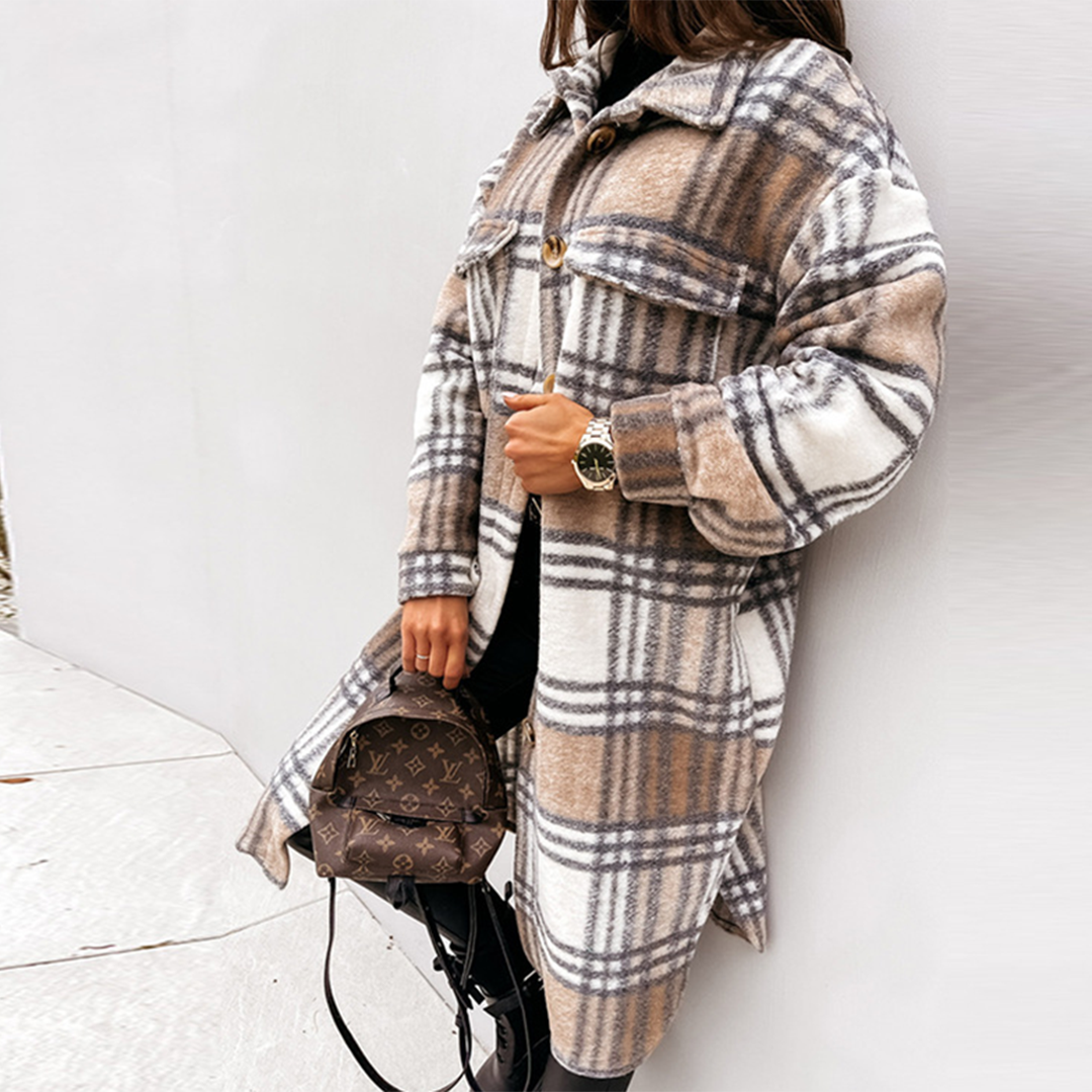 Women's Cozy Plaid Longline Coat, Extended Hem Coverage