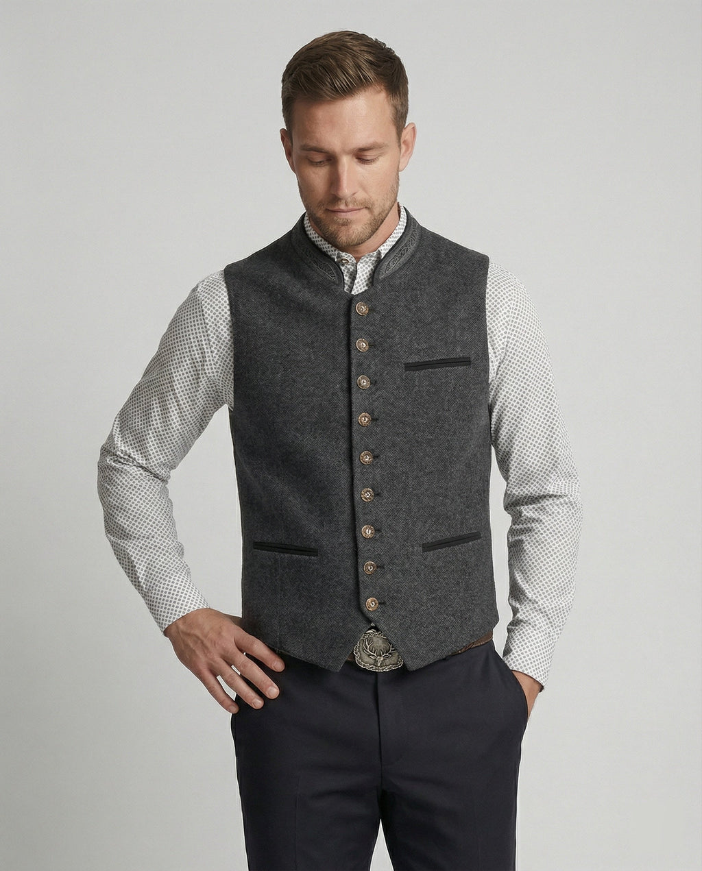 Men's Classic Grey Herringbone Vest, Standing Collar