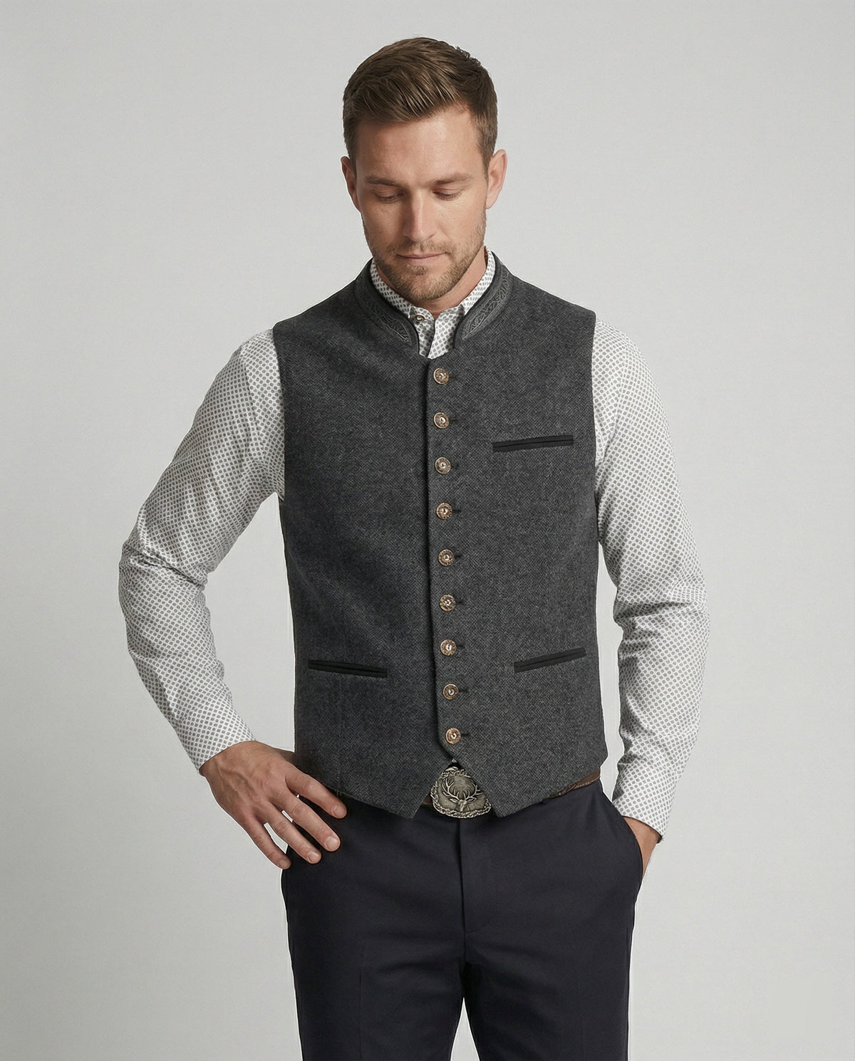 Men's Classic Grey Herringbone Vest, Standing Collar