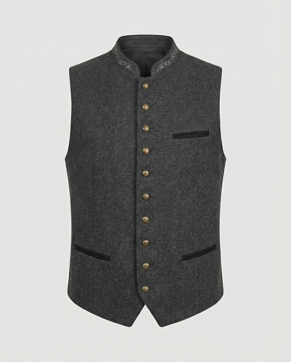 Men's Classic Grey Herringbone Vest, Standing Collar