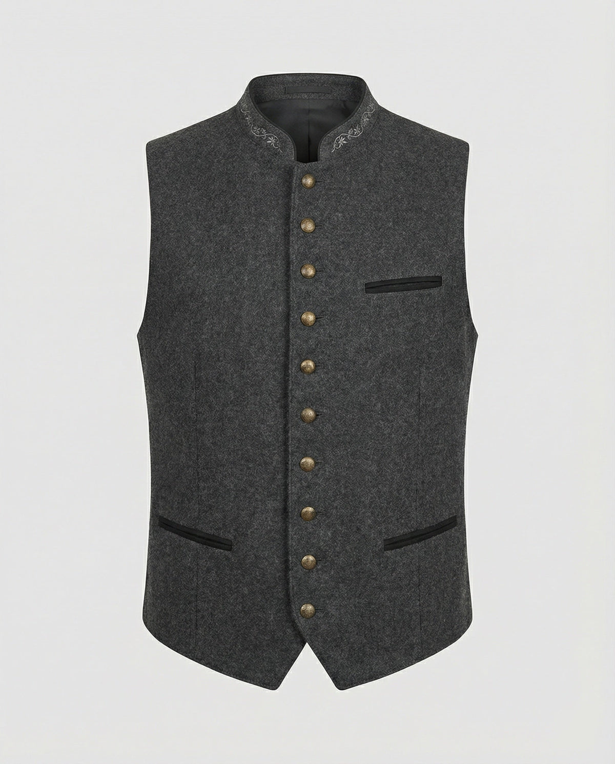 Men's Classic Grey Herringbone Vest, Standing Collar