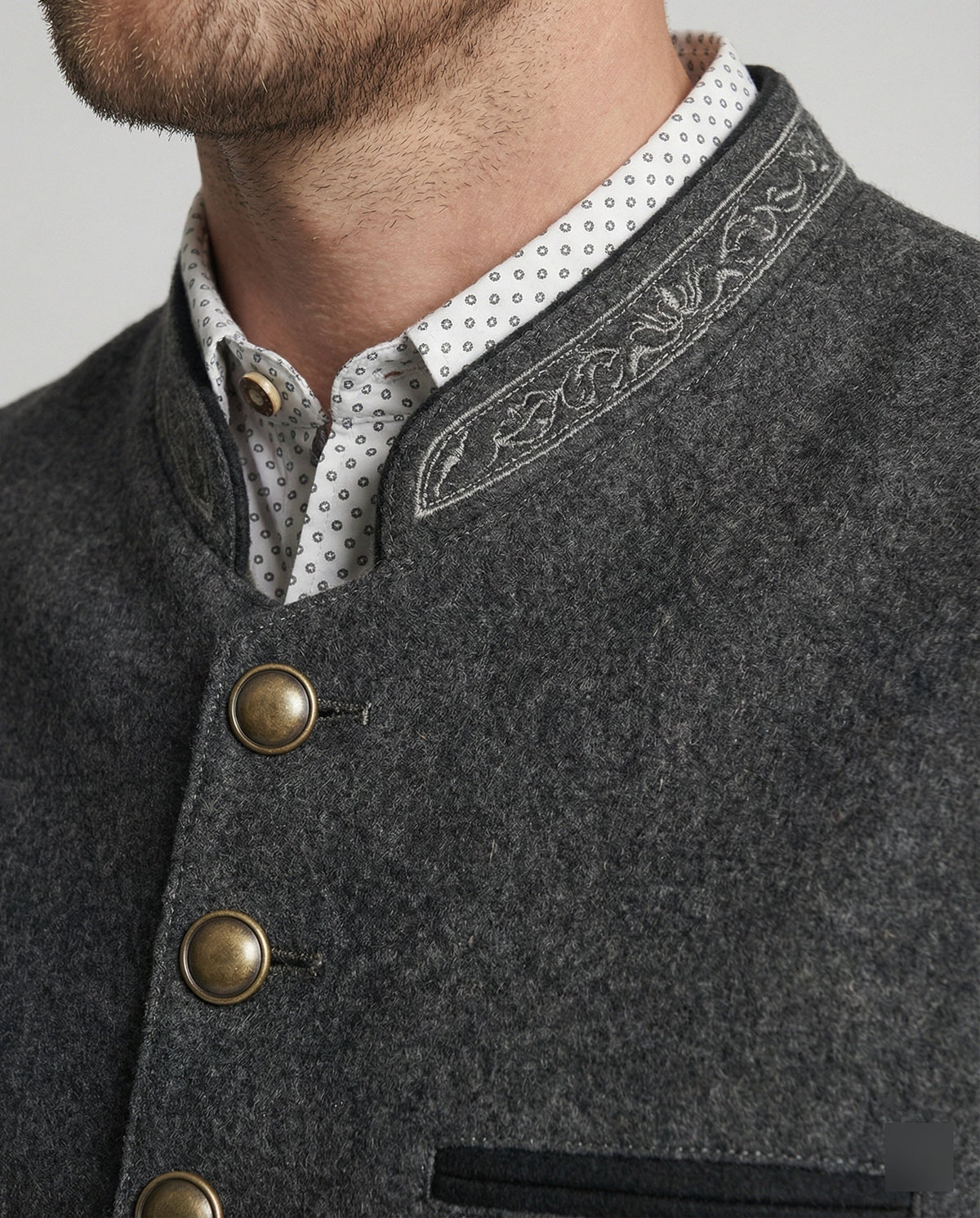Men's Classic Grey Herringbone Vest, Standing Collar