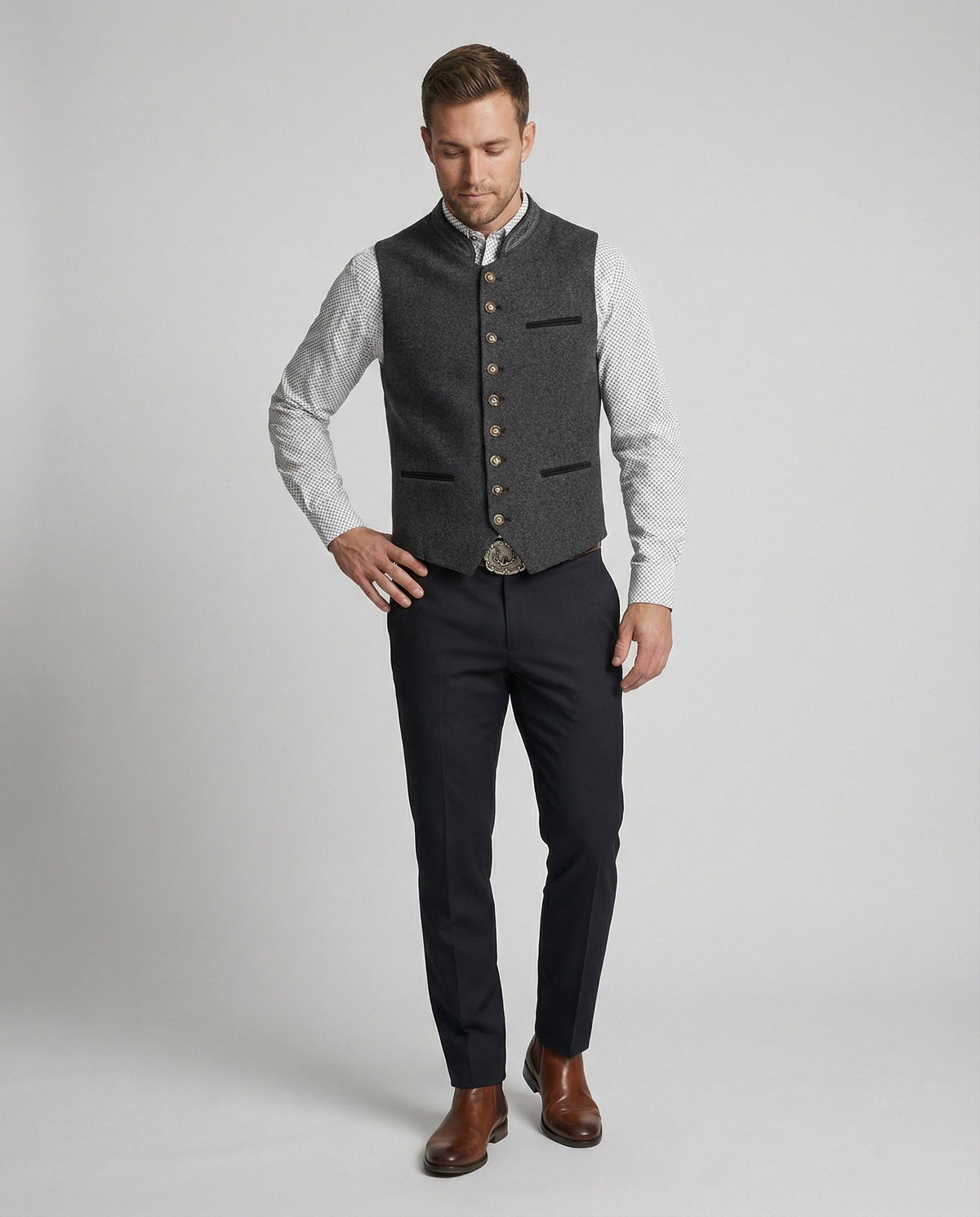 Men's Classic Grey Herringbone Vest, Standing Collar