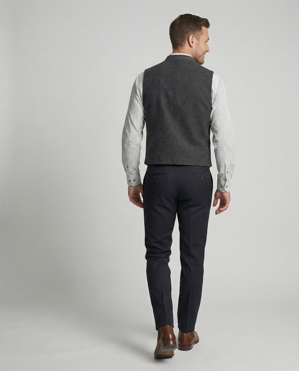 Men's Classic Grey Herringbone Vest, Standing Collar