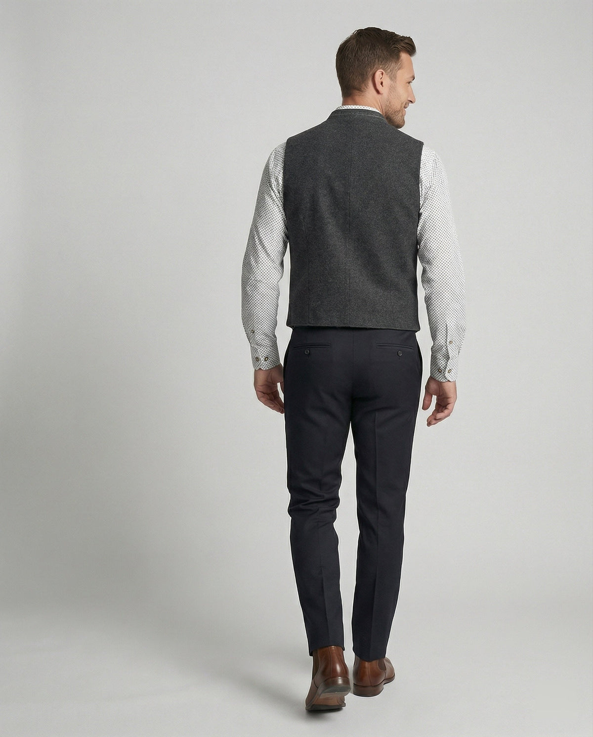 Men's Classic Grey Herringbone Vest, Standing Collar