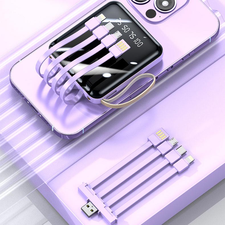 Batería externa mini de 20000mAh con carga rápida y cables integrados