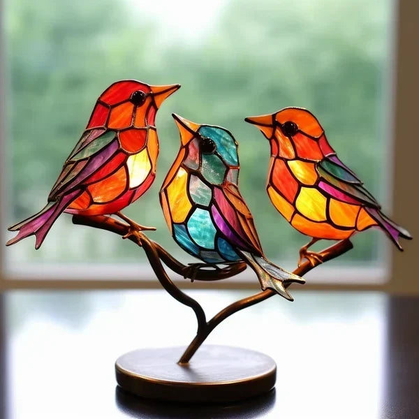 Ornement sculptural d’oiseau en vitrail, touche décorative lumineuse