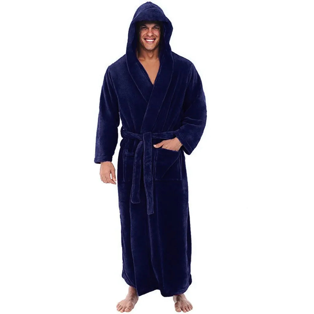 Robe de lã polar com capuz e comprimento integral para homem — aconchego e calor