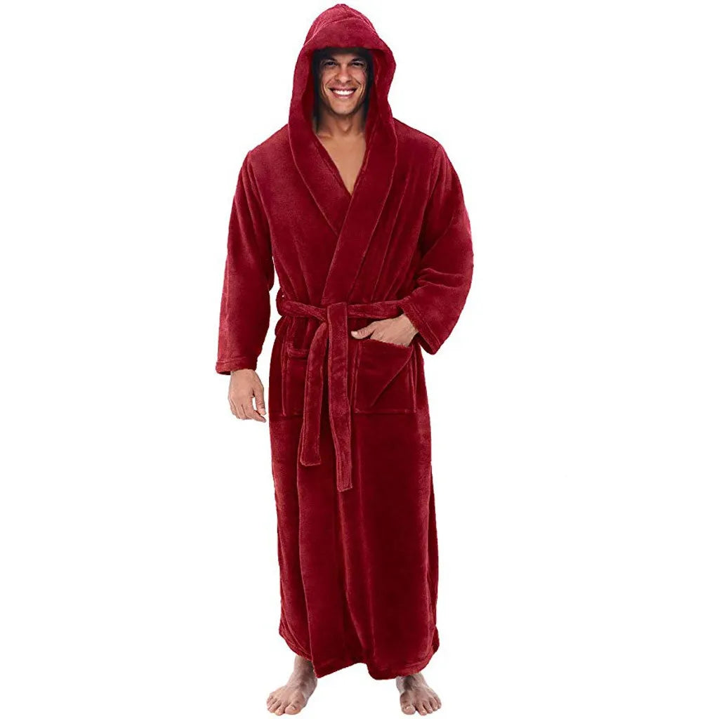Men's Full-Length Hooded Fleece Robe — Plush Warmth