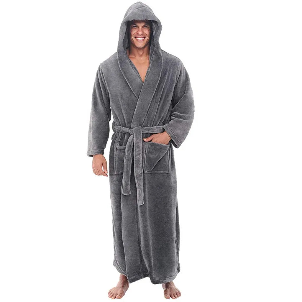 Robe de lã polar com capuz e comprimento integral para homem — aconchego e calor