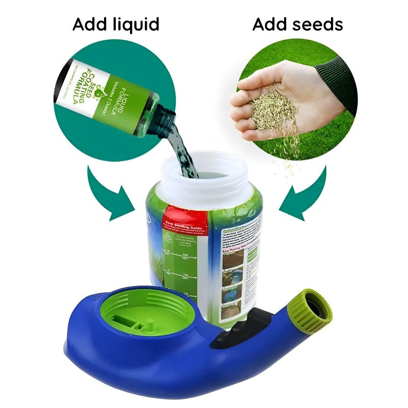 Hydro Mousse Rasenspray zur Ausbesserung kahler Stellen – Anschluss am Gartenschlauch