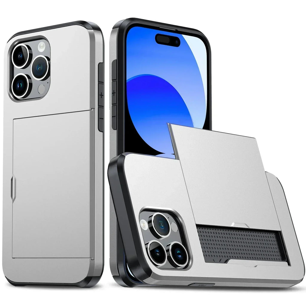 Funda estilizada LuxShield para iPhone con tarjetero y diseño protector