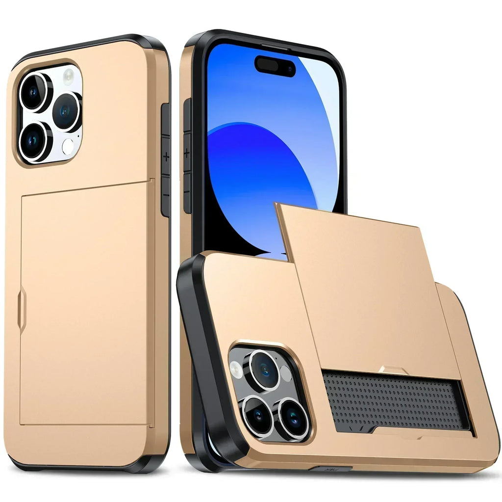Funda estilizada LuxShield para iPhone con tarjetero y diseño protector