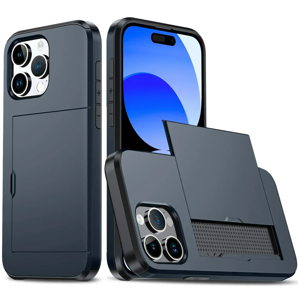 Funda estilizada LuxShield para iPhone con tarjetero y diseño protector