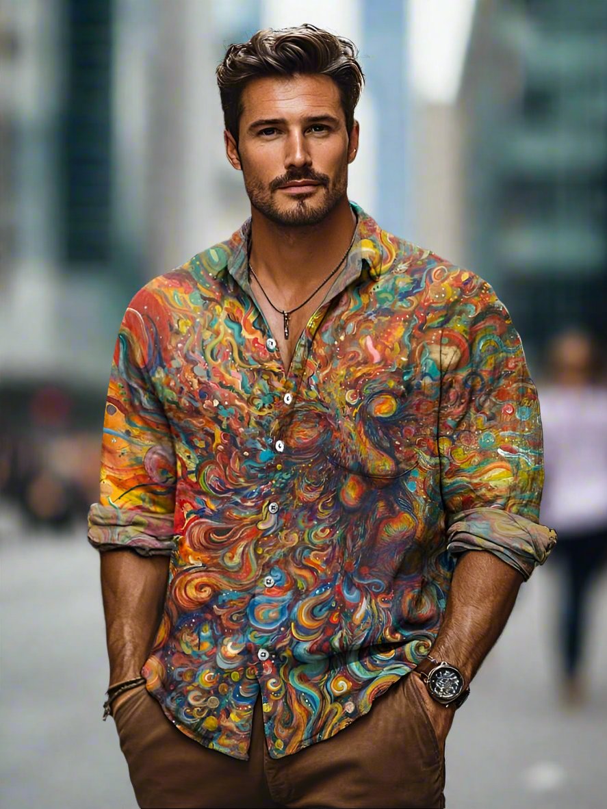 Abstract Print Long-Sleeve Button-Down Shirt, Relaxed Fit