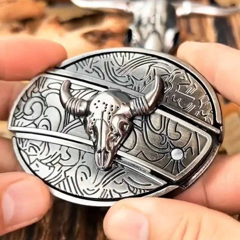 Oval Bull Skull Belt Buckle With Hidden Knife Blade