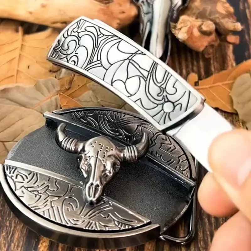 Oval Bull Skull Belt Buckle With Hidden Knife Blade