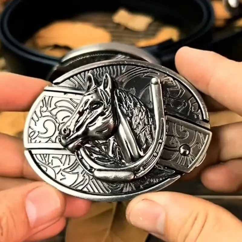 Oval Bull Skull Belt Buckle With Hidden Knife Blade