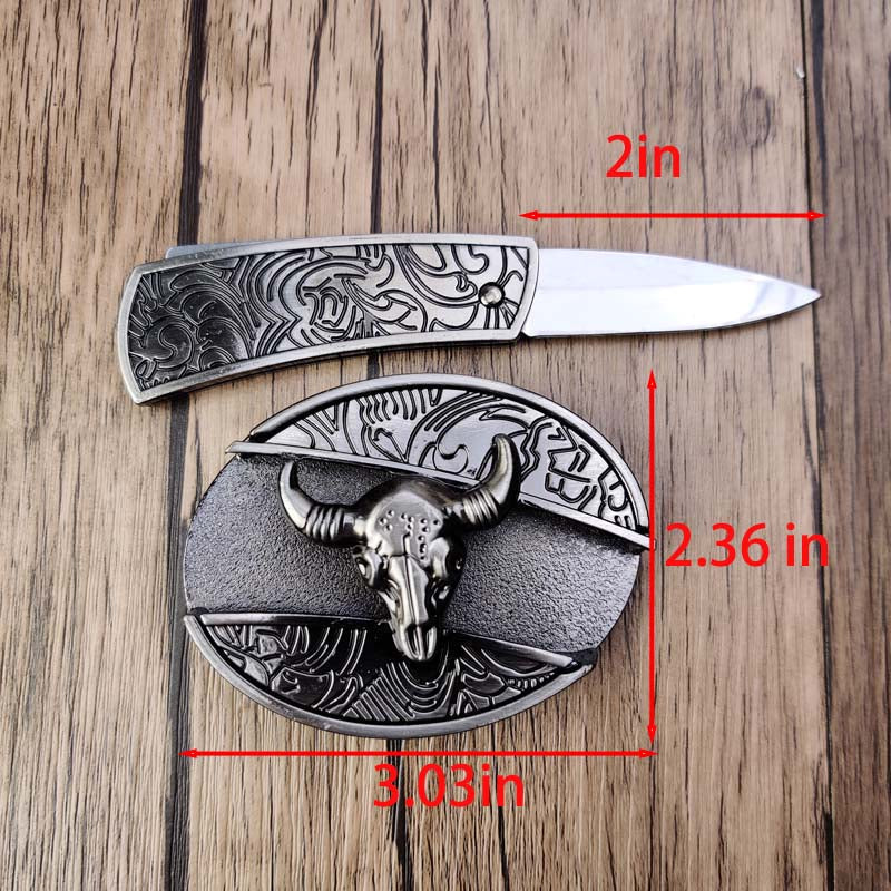 Oval Bull Skull Belt Buckle With Hidden Knife Blade