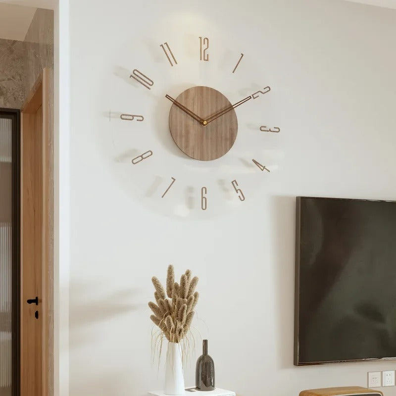 Ceas de perete modern din lemn masiv – design scandinav cu mecanism silențios cu cuarț