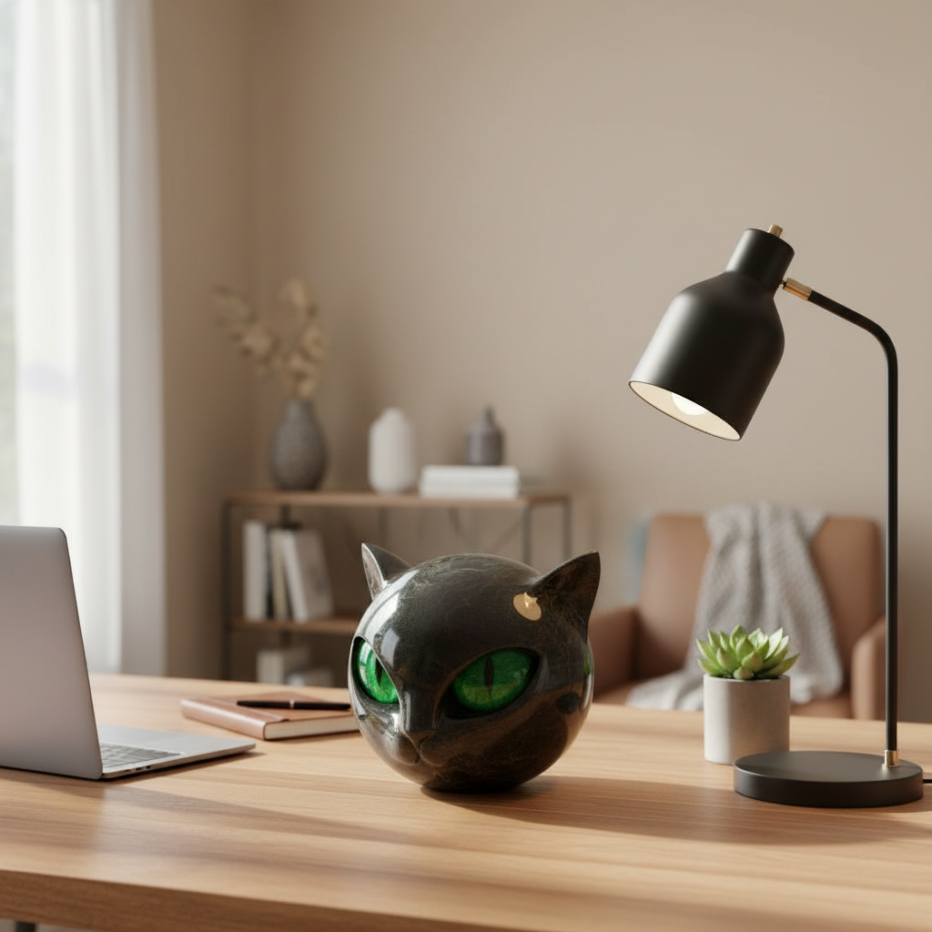 Förtrollande skulptur av ett svart katthuvud, glänsande dekorationskonst