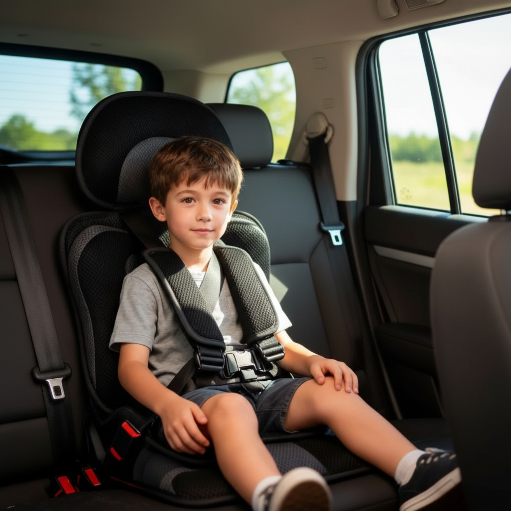 Seggiolino auto rialzato pieghevole per bambini con imbracatura integrata