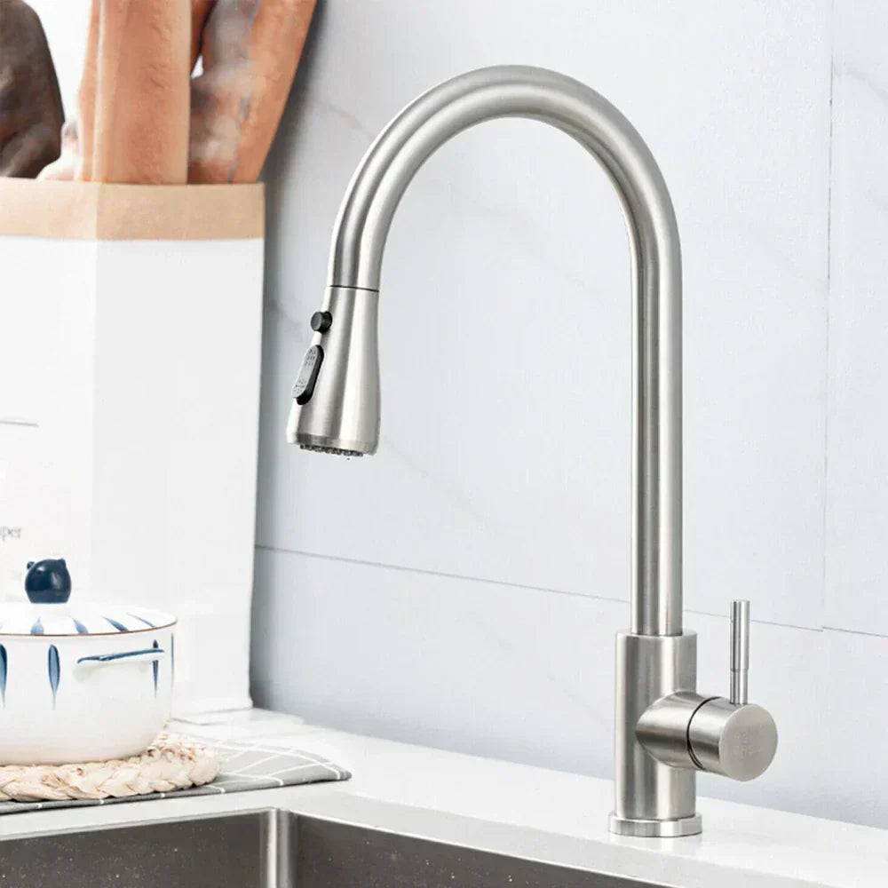 Stainless Steel Pull-Out Kitchen Faucet, Single Lever Flexible Spray