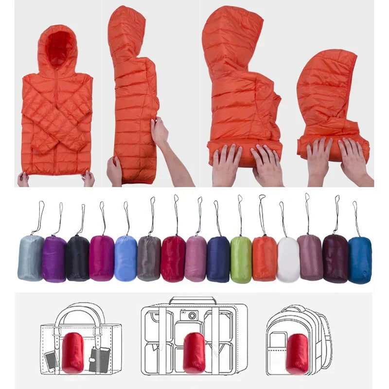 Chaqueta de plumas ligera con capucha para mujer — cálida y fácil de guardar