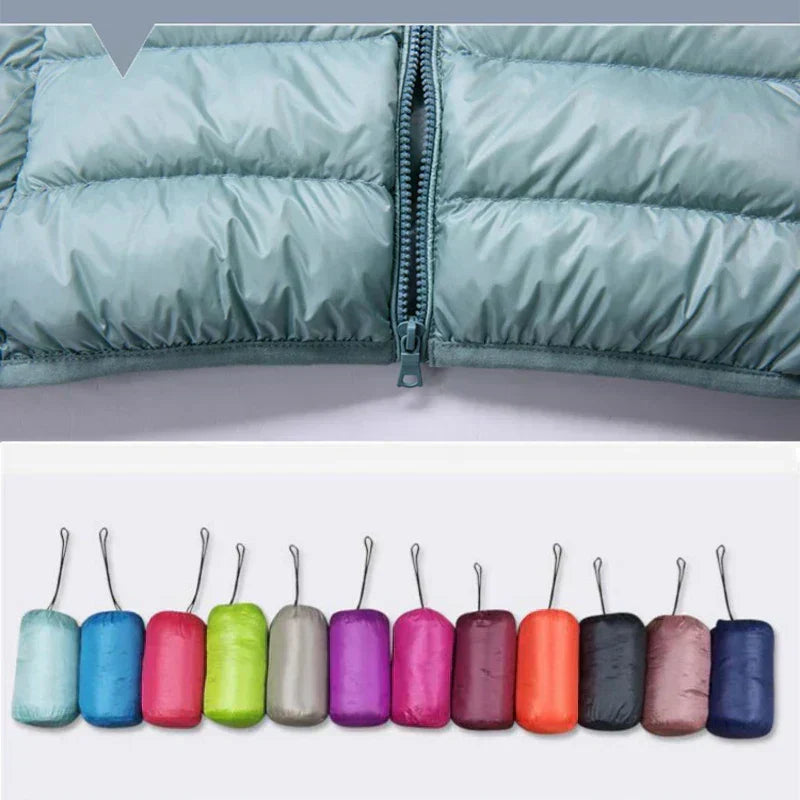 Chaqueta de plumas ligera con capucha para mujer — cálida y fácil de guardar
