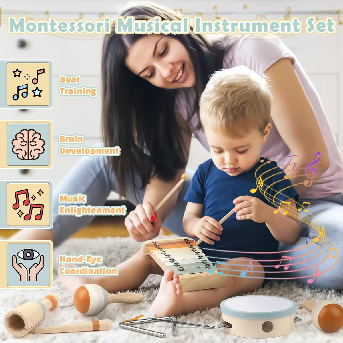 Wooden Montessori Musical Instrument Set, 6 Pieces for Toddlers