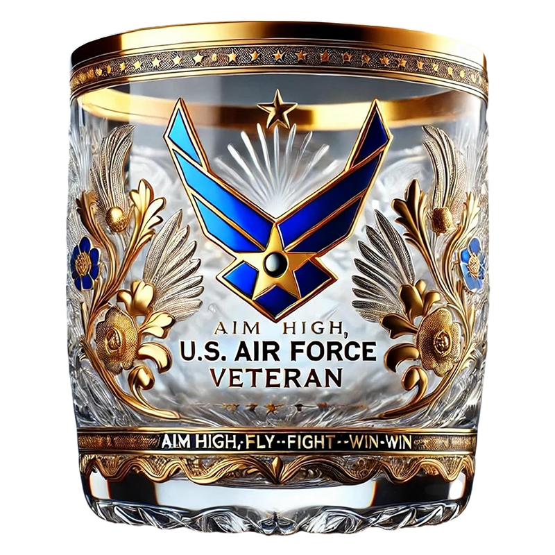 Gold Rim Lowball Whiskey Glass Embossed Military Insignia Veteran Detailing