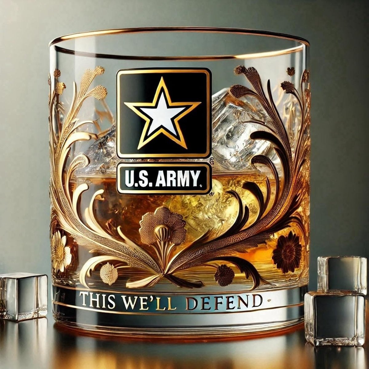 Gold Rim Lowball Whiskey Glass Embossed Military Insignia Veteran Detailing
