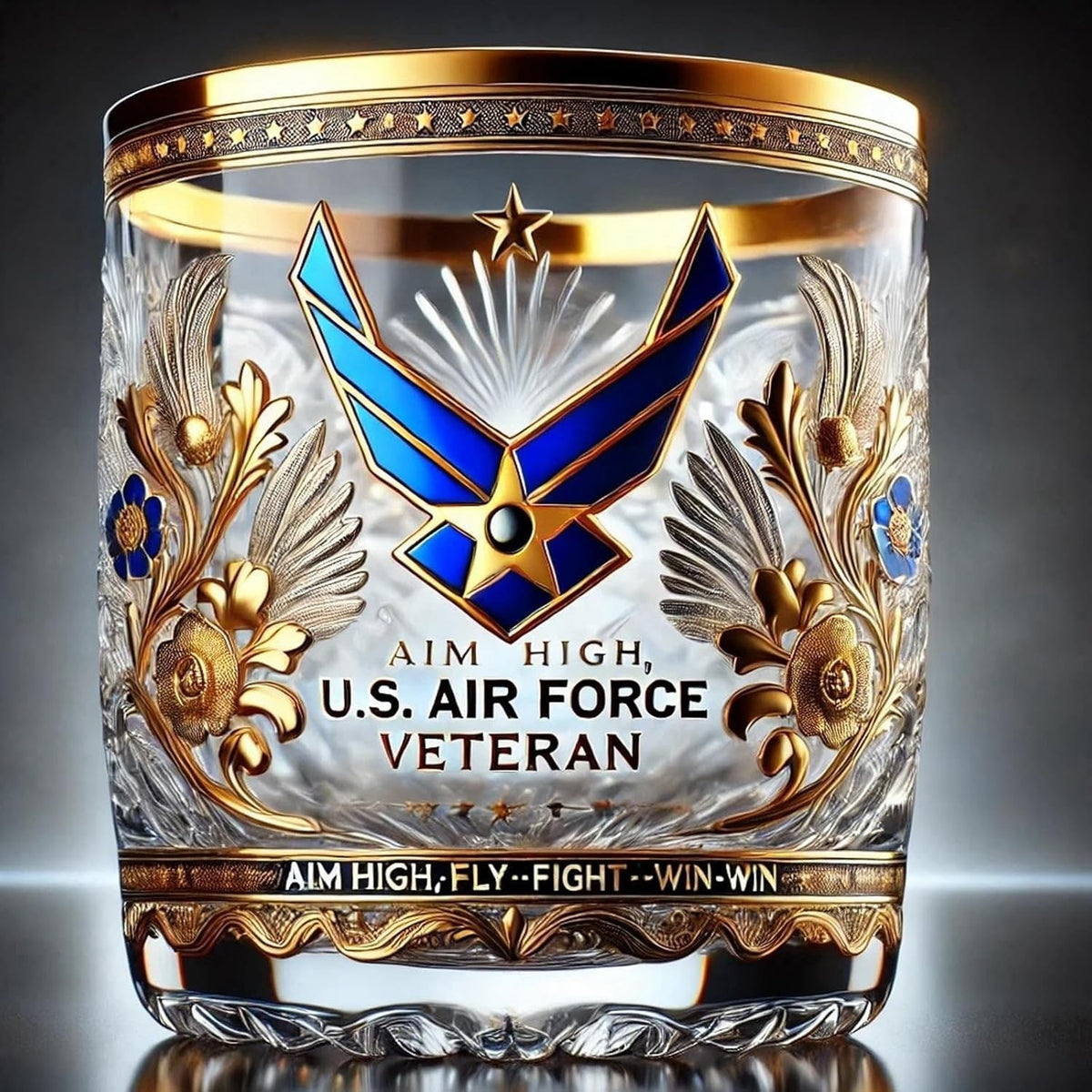Thick Base Crystal Clear Rocks Tumbler, Gold Filigree Veteran Emblem Design