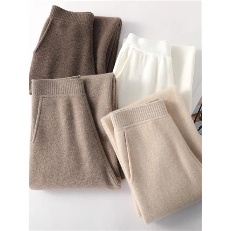 Calças de caxemira de perna larga, de cintura subida, para mulher - Malha macia sem costuras e bolso lateral