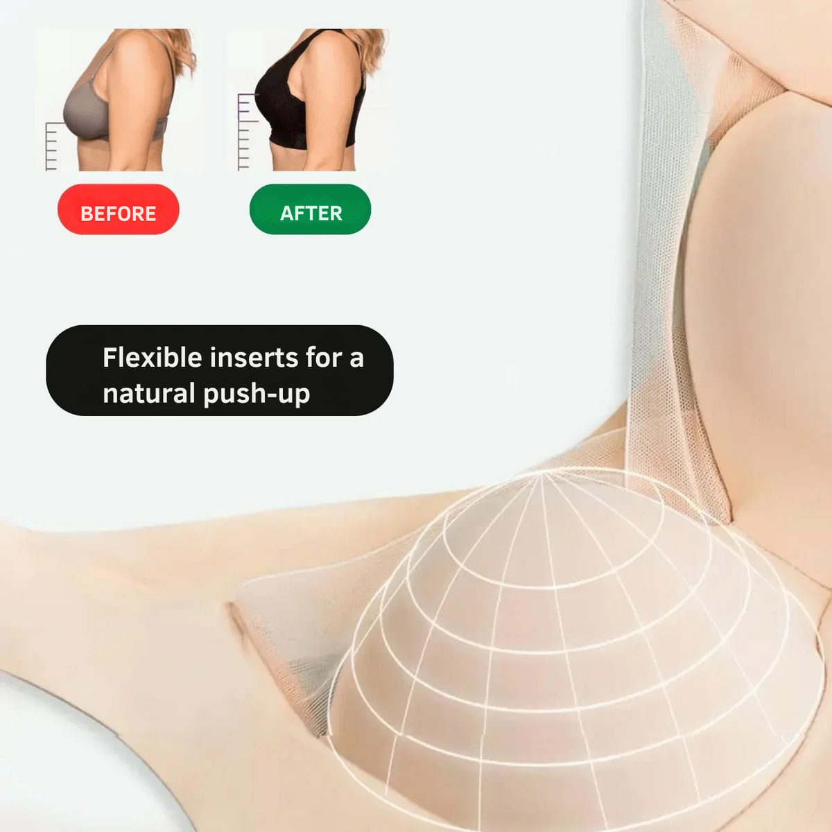 Kényelmes, vezeték nélküli push-up melltartó – merevítő nélkül, varrásmentes hálós anyag, kivehető betét, széles pánt