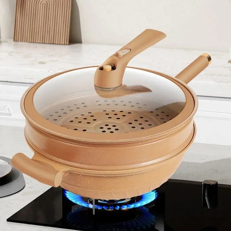 Speckled Non Stick Wok Pan, Steamer Basket And Glass Lid
