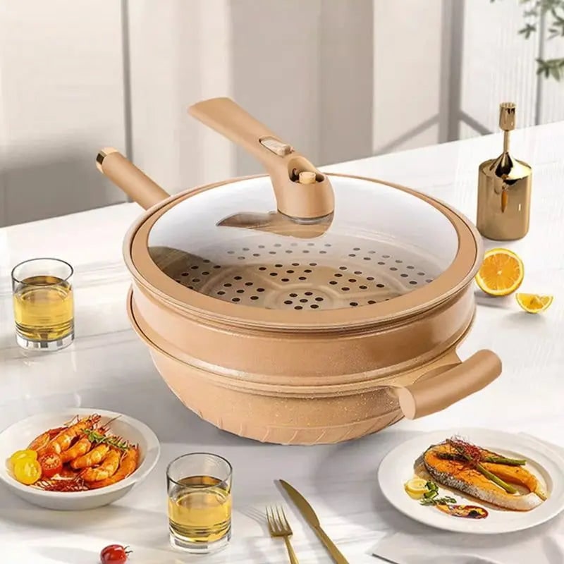Speckled Non Stick Wok Pan, Steamer Basket And Glass Lid
