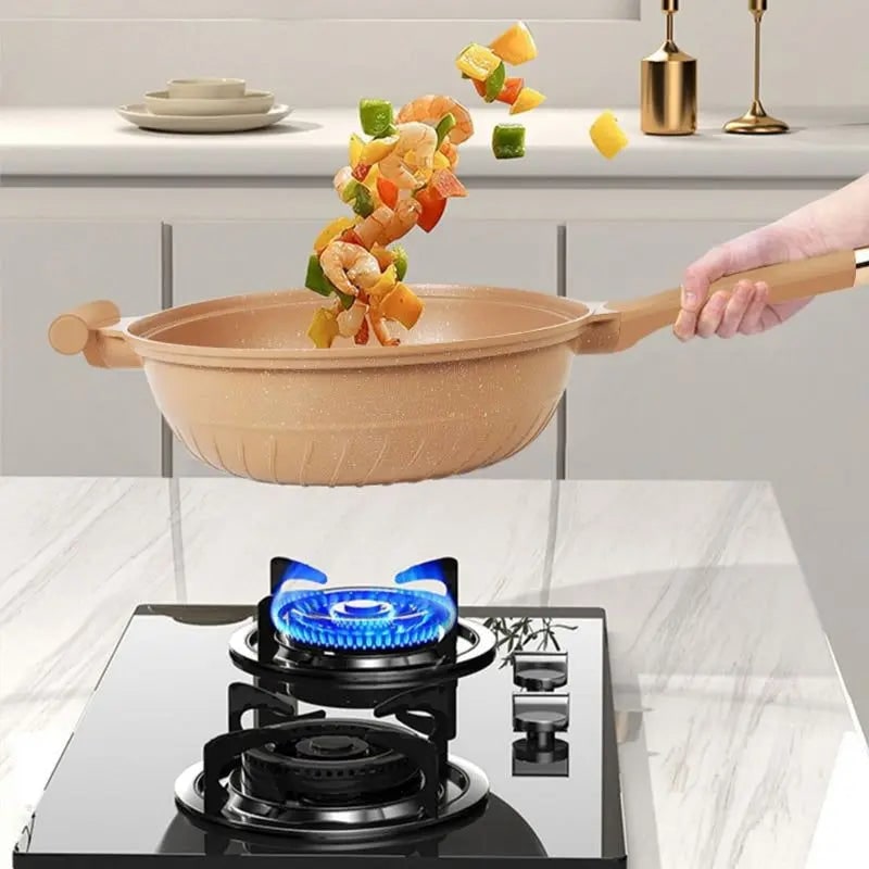 Speckled Non Stick Wok Pan, Steamer Basket And Glass Lid