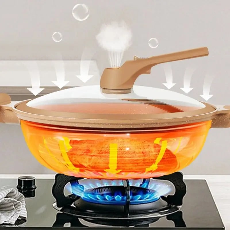 Speckled Non Stick Wok Pan, Steamer Basket And Glass Lid