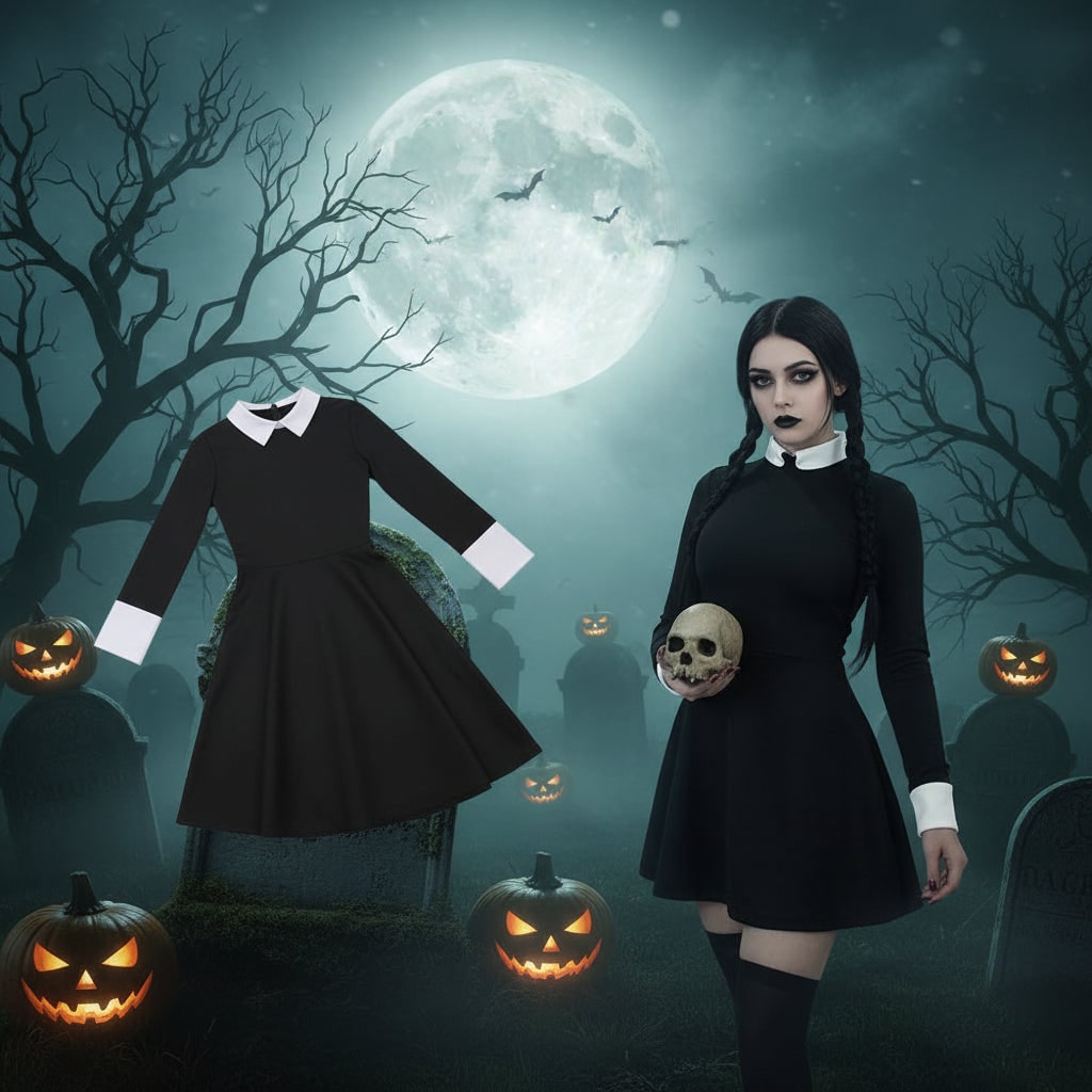 Damen-Gothic-Schulkostüm für Halloween, schwarzes Kleid, lange Ärmel, spitzer weißer Kragen