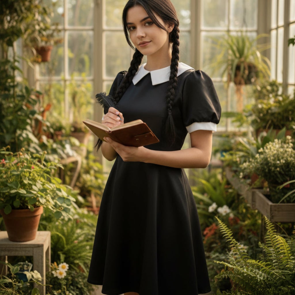 Damen-Gothic-Schulkostüm für Halloween, schwarzes Kleid, lange Ärmel, spitzer weißer Kragen